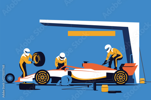 Racing Crew and Car Pit Stop Vector Design – Chaotic yet controlled motorsport scene illustrating teamwork, mechanics, and speed during a competitive auto race.