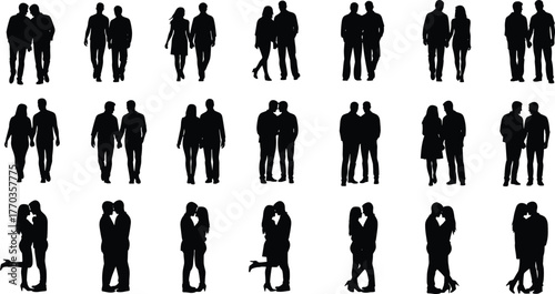 Silhouettes of romantic couples in various poses, walking, hugging, kissing, standing together, perfect for love, relationship, and design themes.