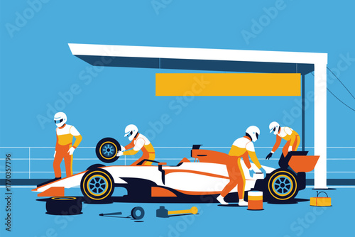 Racing Car Pit Stop Vector Scene,  Motorsport illustration showing mechanics and crew in fast-paced car repair action, symbolizing teamwork, speed, and adrenaline in competition.