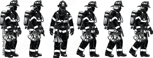 Firefighter Vector Set – Six Angled Views in Full Gear with Helmet, Mask, Hoses, and Breathing Apparatus for Emergency Design Themes