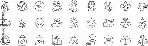 Fair trade and sustainability line icon set. Vector pictograms of ethical business, eco-friendly production, global responsibility, and environmental balance thin linear illustration