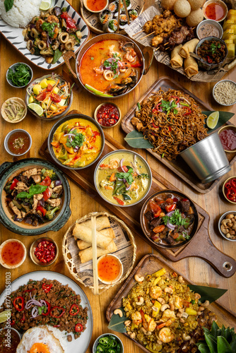many different thai food dishes on table in modern restaurant in bangkok thailand