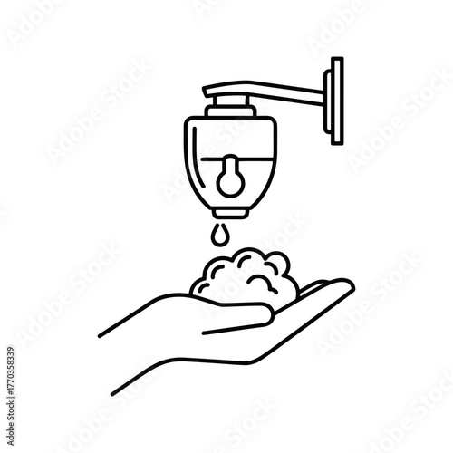 Hand washing with foam soap from a dispenser line icon vector