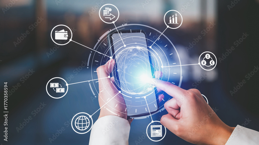 Obraz premium Currency exchange and fintech innovation in global money transfer, digital currency conversion, secure currency exchange platforms, and next-generation money exchange technologies. Spire