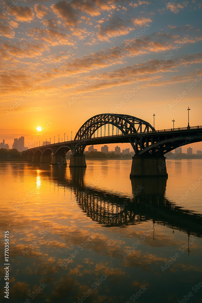 Naklejka premium Steel arch bridge over river at sunset with city skyline in the background
