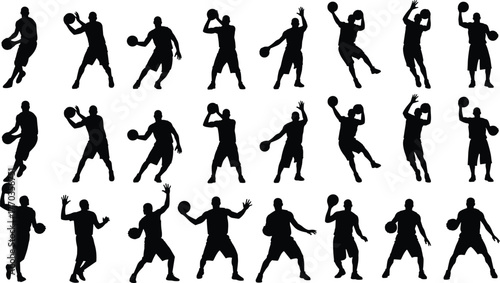 Basketball Silhouette Vector Set – 20 Dynamic Player Poses Dribbling, Shooting, Passing, and Moving for Sports Design and Training Themes
