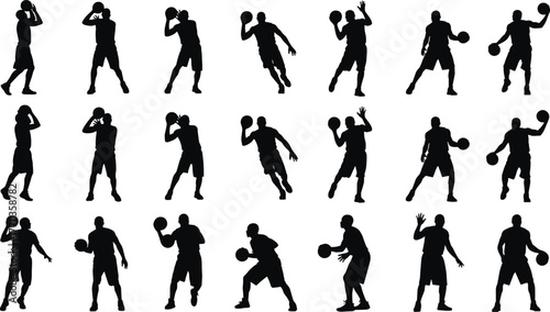 Basketball Silhouette Vector Set – 20 Dynamic Poses of Players Dribbling, Shooting, Passing, and Moving for Sports Design Themes