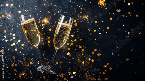 Two champagne flutes filled with sparkling wine surrounded by gold confetti and sparklers on a dark elegant background