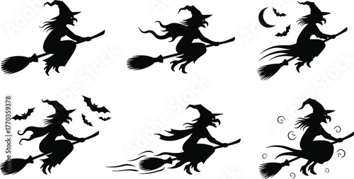 Flying Witch Silhouettes with Broomsticks, Bats, and Magical Swirls – Halloween Vector Set for Spooky Night, Fantasy, and Folklore Themes