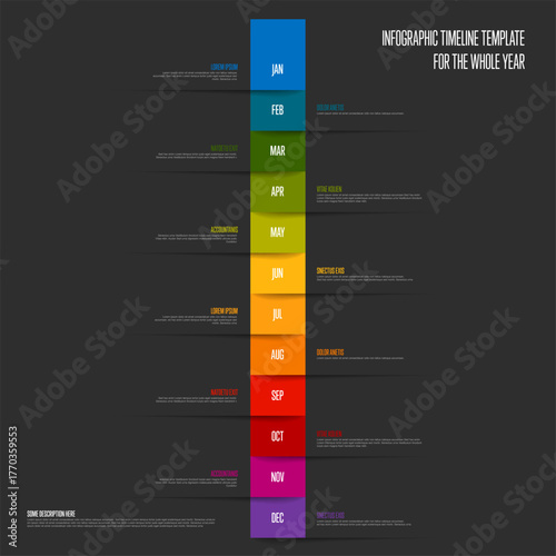 Timeline infographic template showcasing the whole year on a dark background. This colourful infographic template effectively displays events over the entire year, each month clearly represented.