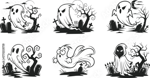 Ghost and Grim Reaper cartoon bundle in graveyard scenes, Halloween spooky character vector set for eerie undead illustration themes