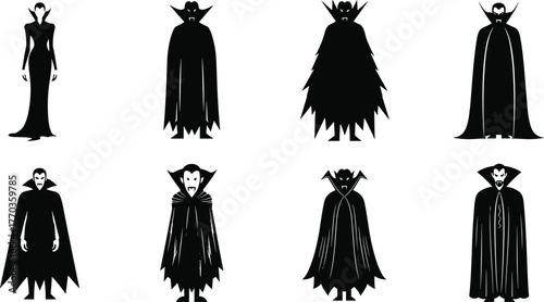 Vampire silhouette bundle with cloaks, horns, and gothic poses, Halloween horror character vector set for spooky undead illustration themes