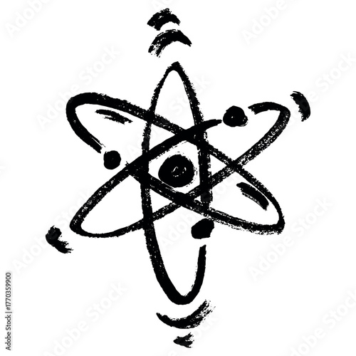 Hand drawn atom sign Molecule clipart in doodle style Single element for print, web, design, decor Symbol of science, education, nuclear energy, scientific research, molecular chemistry