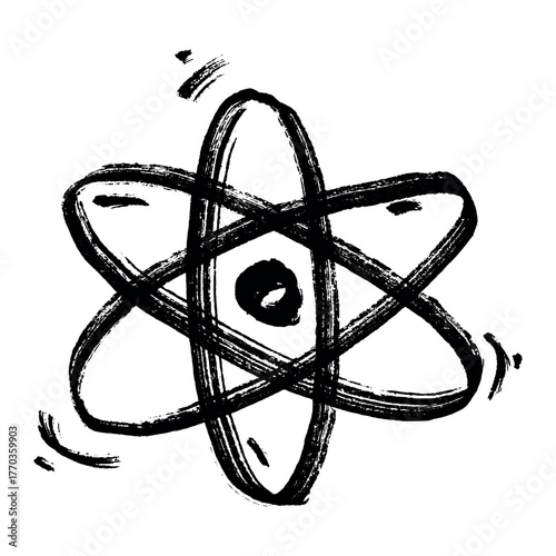 Hand drawn atom sign Molecule clipart in doodle style Single element for print, web, design, decor Symbol of science, education, nuclear energy, scientific research, molecular chemistry