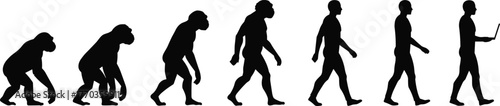 Evolution of man silhouette from ape to modern human using laptop, technology progress, digital transformation, human development concept