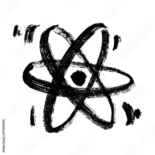 Hand drawn atom sign Molecule clipart in doodle style Single element for print, web, design, decor Symbol of science, education, nuclear energy, scientific research, molecular chemistry