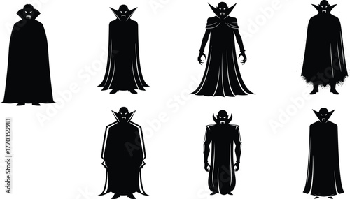 Vampire silhouette bundle with cloaks, fangs, and pointed ears, Halloween spooky character vector set for horror and gothic illustration