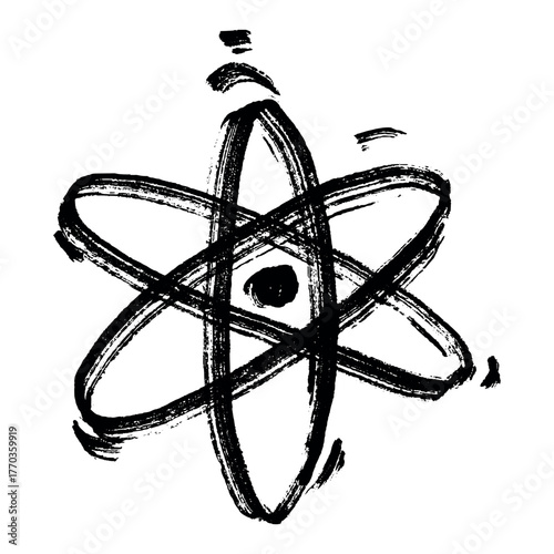 Hand drawn atom sign Molecule clipart in doodle style Single element for print, web, design, decor Symbol of science, education, nuclear energy, scientific research, molecular chemistry