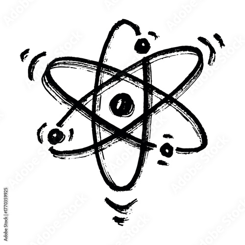 Hand drawn atom sign Molecule clipart in doodle style Single element for print, web, design, decor Symbol of science, education, nuclear energy, scientific research, molecular chemistry