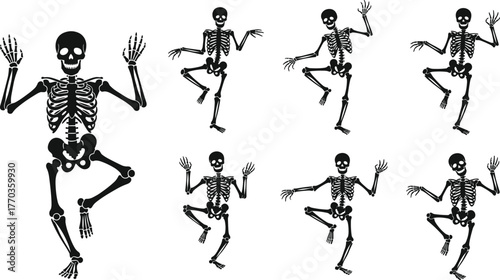 Dancing skeleton cartoon bundle with expressive poses and broken bones, Halloween festive character vector set for spooky undead illustration