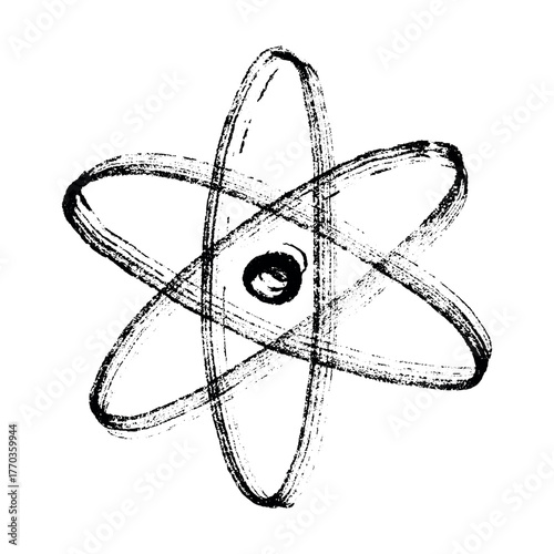 Hand drawn atom sign Molecule clipart in doodle style Single element for print, web, design, decor Symbol of science, education, nuclear energy, scientific research, molecular chemistry