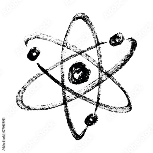 Hand drawn atom sign Molecule clipart in doodle style Single element for print, web, design, decor Symbol of science, education, nuclear energy, scientific research, molecular chemistry