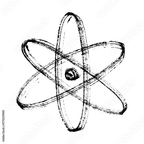 Hand drawn atom sign Molecule clipart in doodle style Single element for print, web, design, decor Symbol of science, education, nuclear energy, scientific research, molecular chemistry