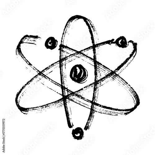 Hand drawn atom sign Molecule clipart in doodle style Single element for print, web, design, decor Symbol of science, education, nuclear energy, scientific research, molecular chemistry