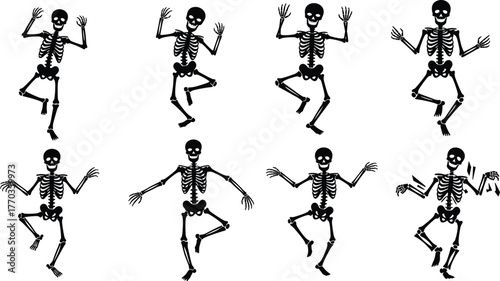 Dancing skeleton cartoon bundle with funny poses and falling bones, Halloween spooky character vector set for festive undead illustration