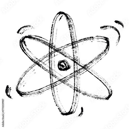 Hand drawn atom sign Molecule clipart in doodle style Single element for print, web, design, decor Symbol of science, education, nuclear energy, scientific research, molecular chemistry