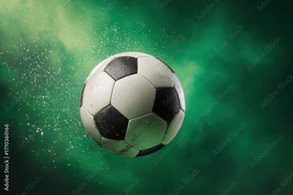 Naklejka premium Flying football with classic black and white design surrounded by vibrant green mist and particles creating a dynamic motion effect against a bright background for sports enthusiasts