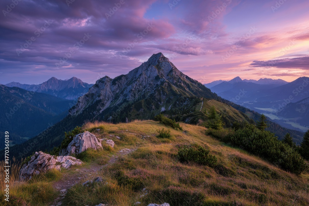 Fototapeta premium Serene mountain landscape with a winding path through grass and rocks, framed by shrubs, showcasing majestic forested peaks under a warm sunset sky, evoking tranquility and nature's beauty