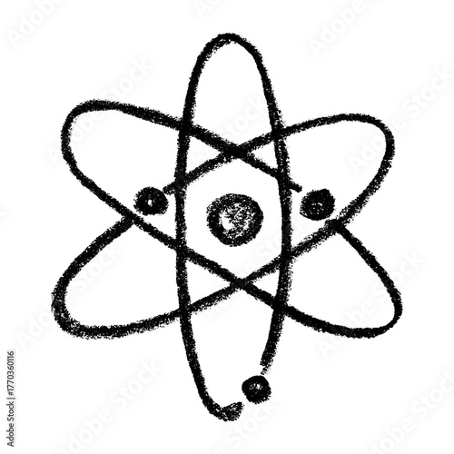 Hand drawn atom sign Molecule clipart in doodle style Single element for print, web, design, decor Symbol of science, education, nuclear energy, scientific research, molecular chemistry