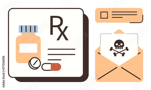 Bottle, pills, and prescription pad with envelope containing skull warning. Ideal for pharmacy, medication safety, health communication, healthcare awareness, toxicology, prescription monitoring