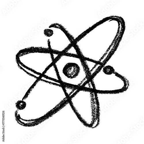 Hand drawn atom sign Molecule clipart in doodle style Single element for print, web, design, decor Symbol of science, education, nuclear energy, scientific research, molecular chemistry