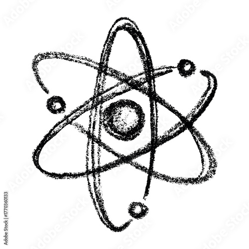 Hand drawn atom sign Molecule clipart in doodle style Single element for print, web, design, decor Symbol of science, education, nuclear energy, scientific research, molecular chemistry