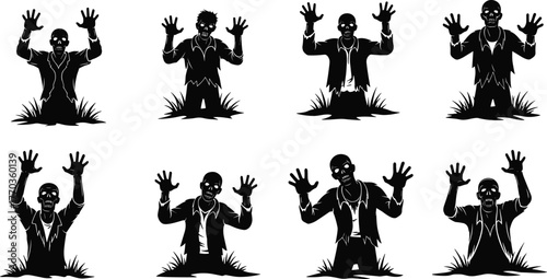 Zombie silhouette bundle rising from grave with creepy poses, Halloween horror vector set for undead character illustration and spooky design