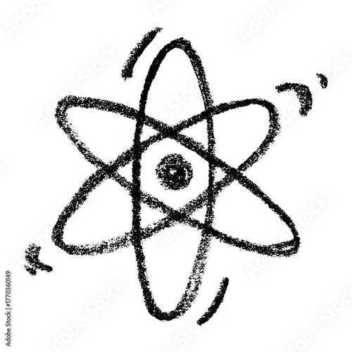 Hand drawn atom sign Molecule clipart in doodle style Single element for print, web, design, decor Symbol of science, education, nuclear energy, scientific research, molecular chemistry