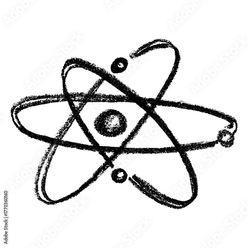 Hand drawn atom sign Molecule clipart in doodle style Single element for print, web, design, decor Symbol of science, education, nuclear energy, scientific research, molecular chemistry