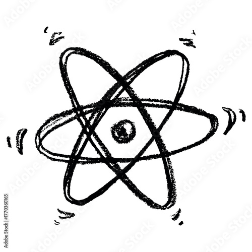 Hand drawn atom sign Molecule clipart in doodle style Single element for print, web, design, decor Symbol of science, education, nuclear energy, scientific research, molecular chemistry