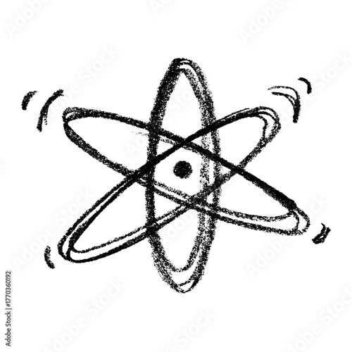 Hand drawn atom sign Molecule clipart in doodle style Single element for print, web, design, decor Symbol of science, education, nuclear energy, scientific research, molecular chemistry