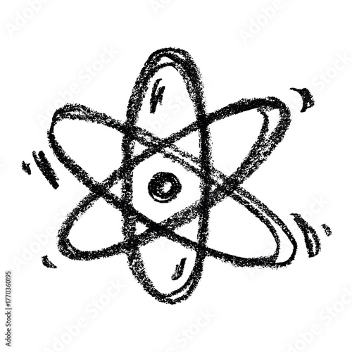 Hand drawn atom sign Molecule clipart in doodle style Single element for print, web, design, decor Symbol of science, education, nuclear energy, scientific research, molecular chemistry