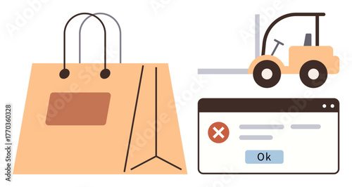 Shopping bag, forklift, error popup web interface. Ideal for logistics, online shopping, supply chain, inventory, warehouse management e-commerce issues order errors. Simple flat metaphor