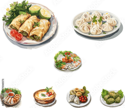 Set of Turkish and Greek cuisine in color style no background 