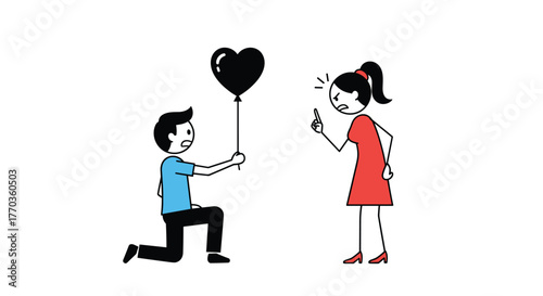 A man kneels, offering a black heart balloon to an angry woman who points her finger, indicating rejection or a scolding.