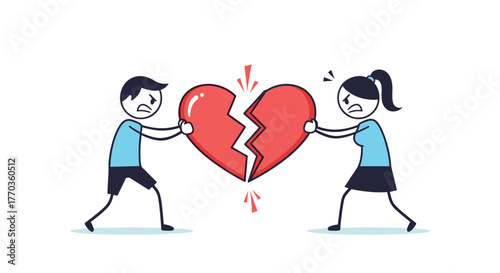 A stick figure couple, a man and a woman, are angrily pulling apart a broken red heart, illustrating the pain and conflict of a breakup or relationship problems.