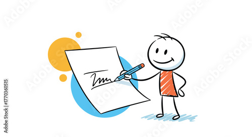 A friendly stick figure cartoon character happily signs a white paper with a blue pencil, set against a background of abstract colorful circles.