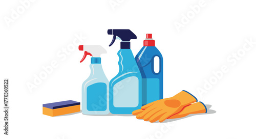 Essential household cleaning supplies, such as spray bottles, detergent, a sponge, and rubber gloves, neatly arranged for effective home hygiene and sanitation.