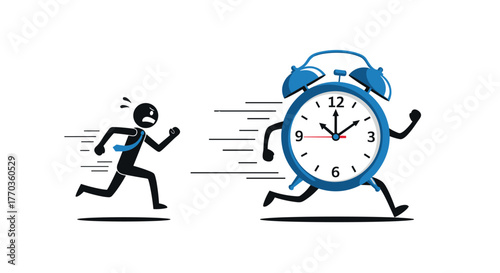A stressed man runs desperately away from a fast-approaching blue alarm clock, symbolizing the overwhelming pressure of time.