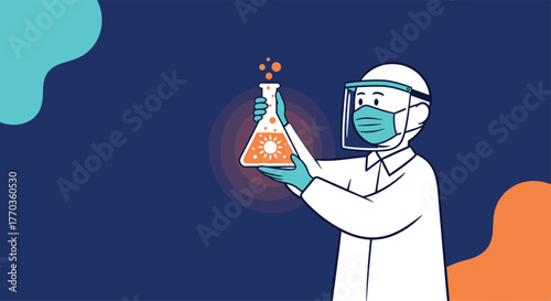 Scientist in protective gear holds a glowing conical flask containing a sun symbol, representing energy research.